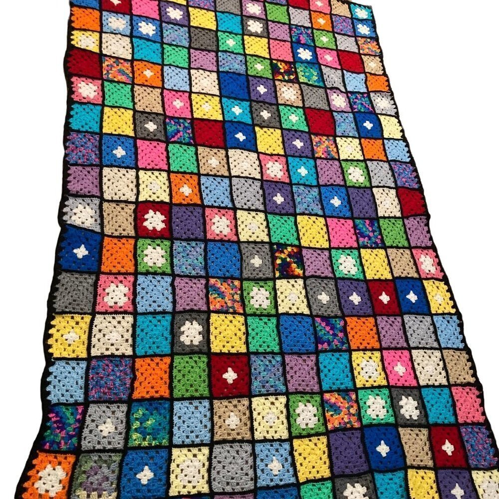 Granny Square Crocheted‎ Blanket Bright Black trim 68 x 108